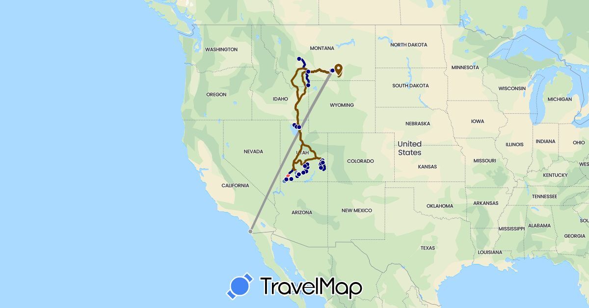 TravelMap itinerary: driving, plane, cycling, hiking, trolley/shuttle, towing camper in United States (North America)